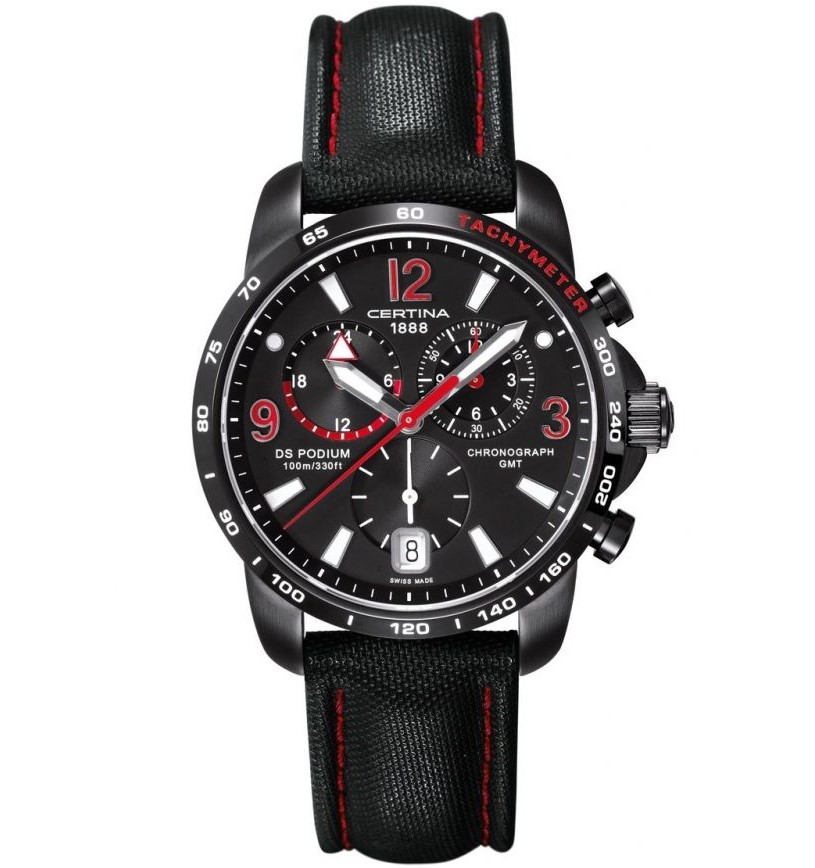 DS PODIUM BIG SIZE CHRONO GMT QUARTZ 42MM STEEL & PVD BLACK LEATHER