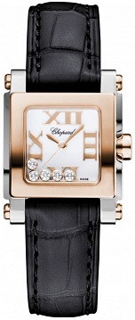HAPPY SPORT SQUARE MINI QUARTZ STEEL & ROSE GOLD WHITE ALLIGATOR