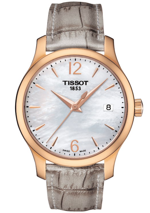 T-CLASSIC TRADITION LADY QUARTZ 33MM STEEL & PVD MOTHER OF PEARL ALLIGATOR